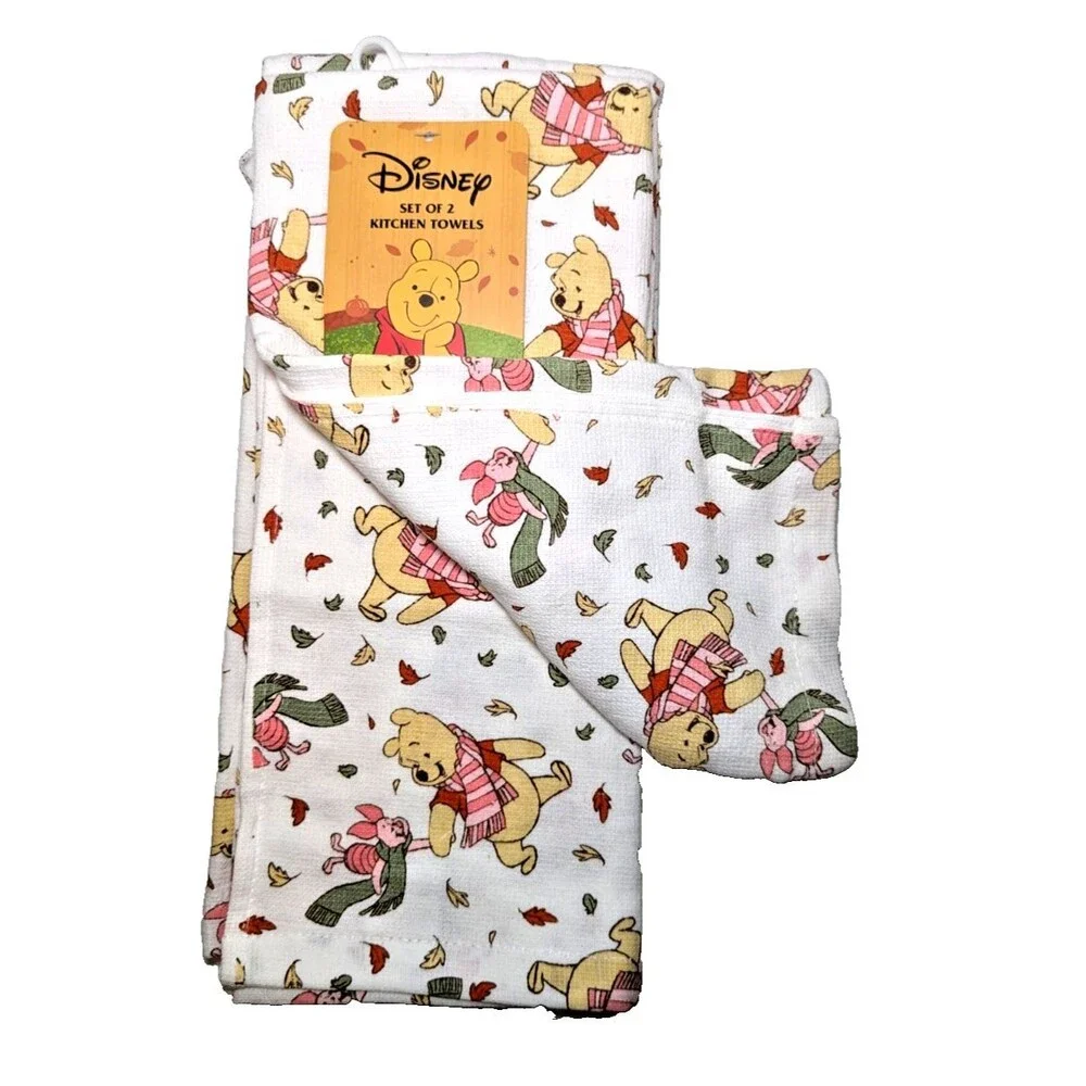 Disney Winnie The Pooh and Piglet Kitchen Towels Autumn Leaves 2-pc Holiday NEW